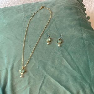 Lucky Brand Evil Eye Gold, turquoise, pearl necklace with matching earrings